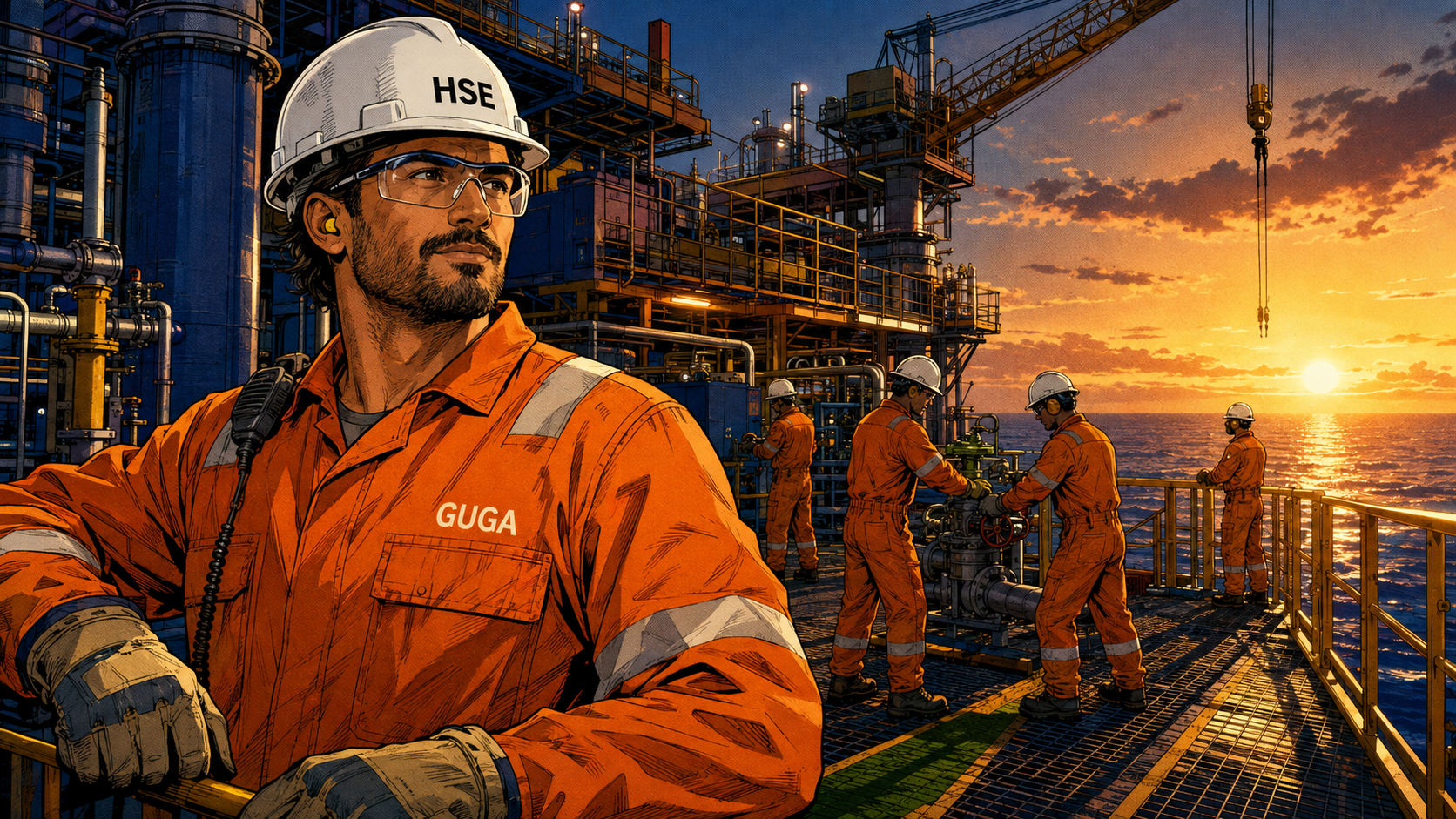 Guga e equipe trabalhando com segurança em uma plataforma offshore